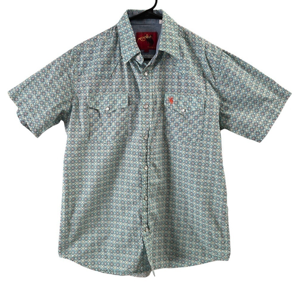 Short sleeve blue and orange western cowboy rodeo short sleeve snap down shirt